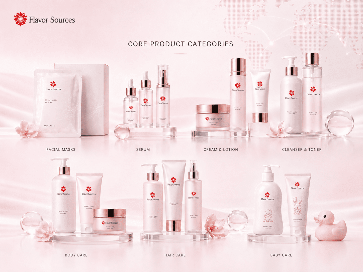 Flavor Sources core skincare product categories — facial mask serum cream body hair baby care